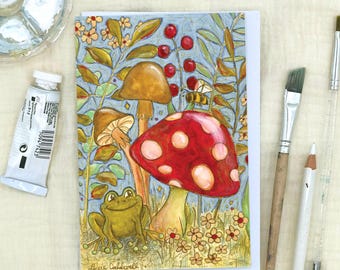 Greeting Card: Forest Frog Illustration - Vibrant Red Mushroom with Bee & Nature - Watercolor Stationary