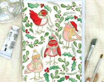 Holiday Cards: Festive Birds Illustration - Winter Watercolor