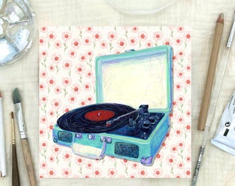 Wydruk artystyczny: Ilustracja przedstawiająca gramofon retro z kwiatowym tłem – Akwarela, wystrój domu
