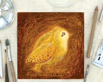 Original Art: "Mini" A Tiny Golden Bird — Warm Bird Illustration by Cute Color Studio Shop