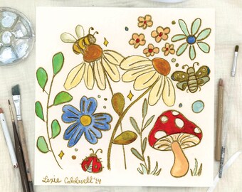 Giclee Art Print: Garden Watercolor Illustration of Flowers, Bees, and Mushroom - Adorable Home Decor