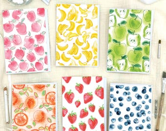 Greeting Cards: Hand-Painted Fruit Illustrations - Watercolor Bananas, Blueberries, Apples & Oranges