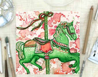 "Original Illustration: ""Mini"" Bemaltes Karussell — Vintage Pferde Illustration von Cute Color Studio Shop."