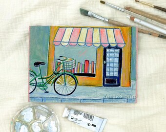 Original Illustration: "Mini" Bücher & Fahrräder — Cozy Storefront Illustration von Cute Color Studio Shop