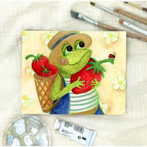 Arte original: "Mini" Una pequeña cosecha de fresas — Ilustración de personaje de rana por Cute Color Studio Shop