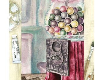 Original Art: Candy Shop Corner- Vintage Gumball Machine Watercolor by Cute Color Studio Shop
