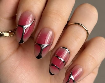 Handgemaakte roze Aurora en zilverchroom chroom pers op de nagels - herbruikbare aangepaste nepnagels