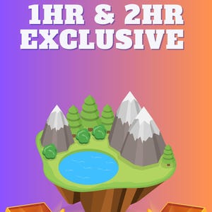 May include: A digital illustration with the text "1HR & 2HR EXCLUSIVE". It depicts a floating island with mountains, trees, and a lake. Two open treasure chests filled with gold coins are at the bottom of the image.