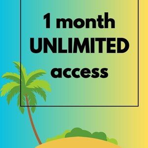 Puede incluir: Un gráfico digital con un fondo degradado de azul a amarillo que muestra una palmera en una pequeña isla con agua. El texto 1 month UNLIMITED access está centrado en un marco rectangular negro, escrito en una fuente sans-serif negra y negrita.