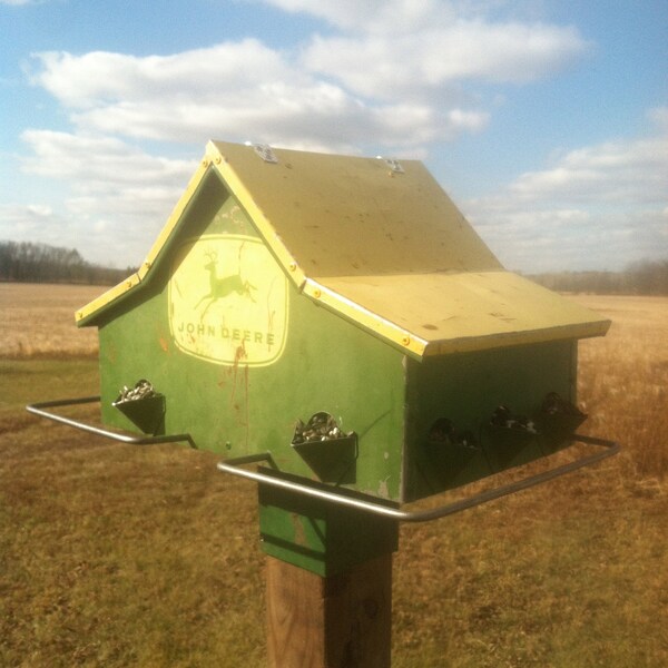 Vintage metal John Deere granary- style barn farm bird feeder