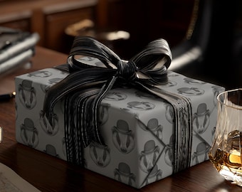 Luxury Charcoal Badger Wrapping Paper with Bowler Hat Elegant Masculine Birthday Gift Wrap For Him