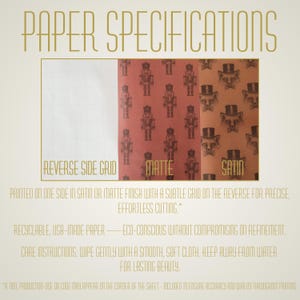Infographic titled ‘Paper Specifications’ showing examples of gift wrap finishes. One side displays a subtle grid for cutting, while the printed side is available in matte or satin. Text notes the paper is recyclable, made in the USA, and eco-conscious. Care instructions advise wiping gently and keeping away from water.