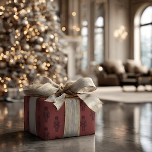 A wrapped gift sits on a dark wood floor in the foreground of an elegant cream-colored living room. A large, flocked Christmas tree with white lights and neutral ornaments sits in the left. Large windows cast light onto a cream couch, wooden coffee table, and large cream rug. The gift is wrapped in a repeating pattern of etched-style nutcrackers in burgundy. The nutcracker pattern is a darker burgundy red. The gift is wrapped in a luxurious, shimmering champagne with gold edge ribbon.