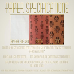 Infographic titled ‘Paper Specifications’ showing examples of gift wrap finishes. One side displays a subtle grid for cutting, while the printed side is available in matte or satin. Text notes the paper is recyclable, made in the USA, and eco-conscious. Care instructions advise wiping gently and keeping away from water.