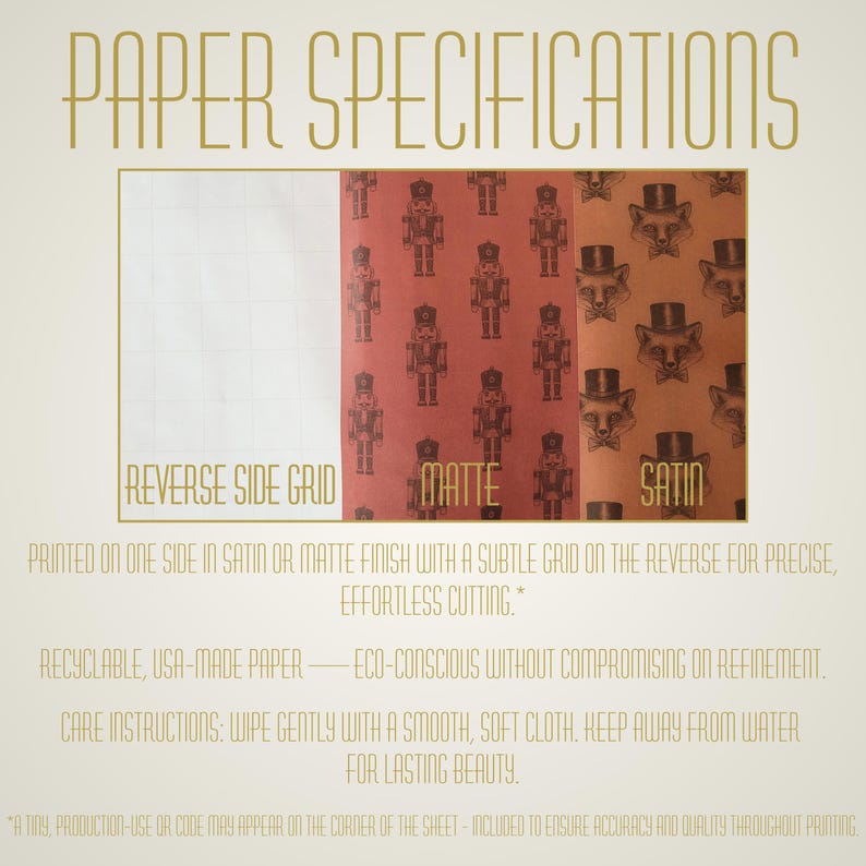 Infographic titled ‘Paper Specifications’ showing examples of gift wrap finishes. One side displays a subtle grid for cutting, while the printed side is available in matte or satin. Text notes the paper is recyclable, made in the USA, and eco-conscious. Care instructions advise wiping gently and keeping away from water.