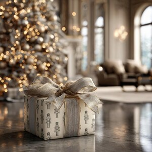 A wrapped gift sits on a dark wood floor in the foreground of an elegant cream-colored living room. A large, flocked Christmas tree with white lights and neutral ornaments sits in the left. Large windows cast light onto a cream couch, wooden coffee table, and large cream rug. The gift is wrapped in a repeating pattern of etched-style nutcrackers in cream. The nutcracker pattern is charcoal gray. The gift is wrapped in a luxurious, shimmering champagne with gold edge ribbon.