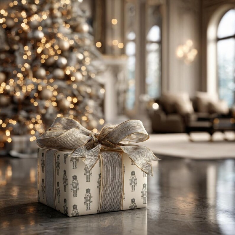 A wrapped gift sits on a dark wood floor in the foreground of an elegant cream-colored living room. A large, flocked Christmas tree with white lights and neutral ornaments sits in the left. Large windows cast light onto a cream couch, wooden coffee table, and large cream rug. The gift is wrapped in a repeating pattern of etched-style nutcrackers in cream. The nutcracker pattern is charcoal gray. The gift is wrapped in a luxurious, shimmering champagne with gold edge ribbon.