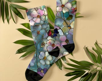 Stained Glass Design Floral Socks, Unisex, Pastel Flower Art Socks, Artistic Gift for Women & Art Lovers, Vintage Art Socks