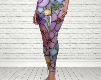 Leggings con estampado floral de vidrieras de colores, ropa deportiva bohemia, pantalones de yoga suaves y femeninos estilo cottagecore, pantalones de yoga estilo hippie, regalo para bailarinas.