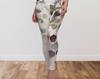 Leggings Cascading Eucalyptus, Zen Activewear, Calças de Yoga em Tons de Verde Sálvia e Azul-petróleo, Presente para Mulheres, Calças de Yoga Artísticas e Conscientes, Natureza Orgânica