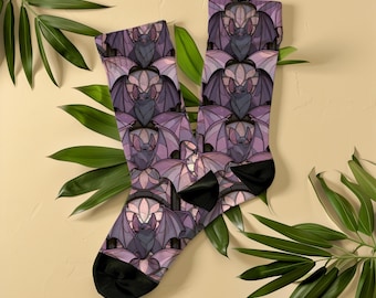 Lavender Stained Glass Bats Socks, Unisex Halloween Spooky Crew Socks, Gothic Mosaic Gift for Bat Lover