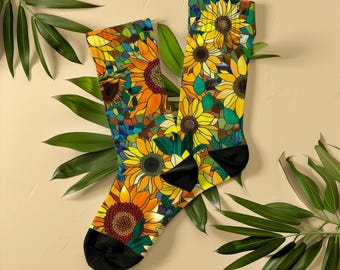 Stained Glass Sunflower Socks, Unisex, Botanical Floral Art Socks, Gift for Women, Flower Lovers, Gardeners, Art Nouveau Sunflower Mosaic