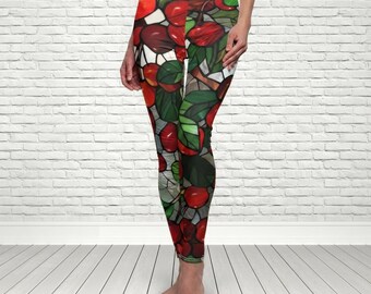 Legging van glas in lood kersen, boho-sportkleding, Y2K yogabroek kersenbloesem, botanisch schattig retro esthetiek kersenkern, broek Cottagecore fruit