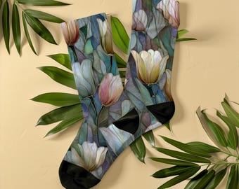 Elegant Stained Glass Tulip Socks, Unisex, Botanical Floral Art Socks, Gift for Women, Flower Lovers, Gardeners, Art Nouveau Vintage Socks