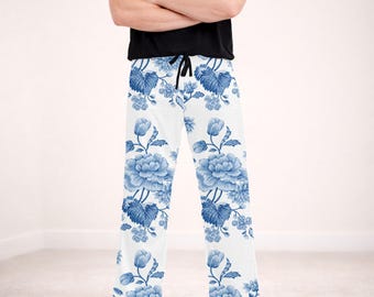 Blauw-witte pyjamabroek met bloemenprint, bijpassende nachtkleding in chinoiserie-stijl voor dames en heren, cottagecore pyjama's