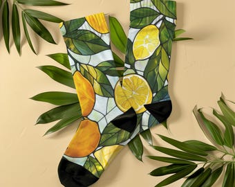 Lemon Stained Glass Socks, Unisex, Italian Tile Style Botanical, Cottagecore Socks, Mediterranean Citrus Gift for Foodie, Artsy
