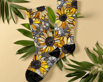 Artistic Stained Glass Sunflower Socks, Unisex, Botanical Floral Art Socks, Gift for Women, Flower Lovers, Gardeners, Art Nouveau Mosaic