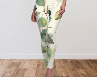 Watercolor Eucalyptus Leggings, Zen Activewear, Earthy Sage and Teal Yoga Pants, Gift for Women, Artistic Mindful Yoga Pants, Organic Nature