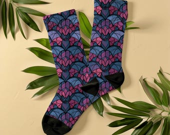 Stained Glass Bats Socks, Unisex Halloween Spooky Crew Socks, Gothic Mosaic Gift for Bat Lover