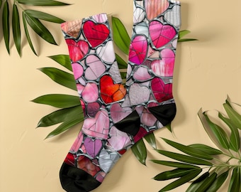 Romantic Pink Red Stained Glass Hearts Socks, Unisex Gift for Girlfriend, Boyfriend Wife Husband, Mosaic Love Socks for Anniversary, Wedding
