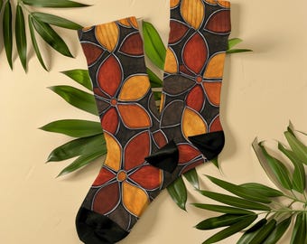 Socken mit Herbstblumenmuster, Unisex, rostorange und bernsteinfarbene Mosaik-Socken mit Blumenmuster, herbstliches Geschenk in gebranntem Orange für Sie