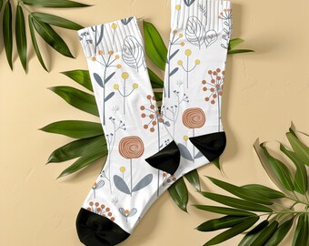 Scandi Boho Wildflower Socks, Unisex, Minimalist Crew Socks, Gift for Women, Flower Lovers