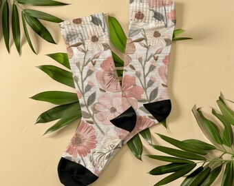 Vintage Wildflowers Socks, Unisex, Cottagecore Socks, Dusty Rose and Sage Botanical Print, Boutique Style Socks, Flower Lover Gift