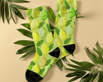 Lemon and Lime Stained Glass Socks, Unisex, Italian Tile Style Botanical, Cottagecore Socks, Maximalist Botanical Gift for Foodie