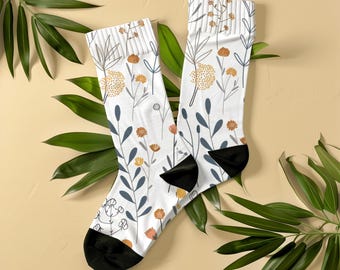Scandi Boho Wildflower Socks, Unisex, Minimalist Crew Socks, Gift for Women, Flower Lovers