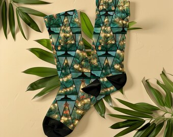Stained Glass Lighted Christmas Tree Socks, Unisex Glowing Pine Tree Xmas Holiday Socks, Gift for Christmas Lover