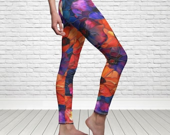 Glasmalerei-Blumenmuster-Leggings, elegantes Jugendstil-Design künstlerisches Geschenk für Frauen, botanische Yoga-Hose, Blumenkunst