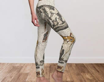 Leggings con motivo a mosaico greco antico raffiguranti gatti, regalo per amanti dei gatti, regalo per appassionati di storia, regalo per amanti dell'arte. Motivo di arte archeologica.
