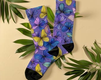 Meias com estampa de borboletas, unissex, azuis, roxas e amarelas, um presente artístico para mulheres e amantes da arte, meias com estampa vintage.