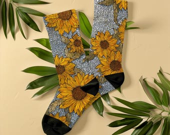 Mosaic Stained Glass Sunflower Socks, Unisex, Botanical Floral Art Socks, Gift for Women, Flower Lovers, Gardeners, Art Nouveau Mosaic