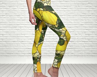 Retro Lemon Stained Glass Leggings, Boho Activewear, Italian Style Yoga Pants, Botanical Citrus Workout Pants, Mediterranean Fitness Outfit