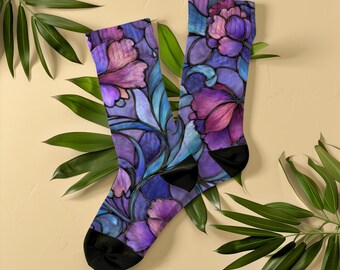 Stained Glass Design Blue Purple Flower Socks, Unisex, Soft Pastel Blossom Mosaic, Artistic Gift for Women & Art Lovers, Vintage Art Socks