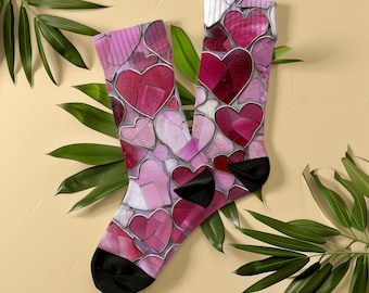 Romantic Pink Red Stained Glass Hearts Socks, Unisex Gift for Girlfriend, Boyfriend Wife Husband, Mosaic Love Socks for Anniversary, Wedding