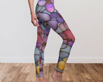 Leggings con estampado floral de vidrieras de colores, ropa deportiva bohemia, pantalones de yoga suaves y femeninos estilo cottagecore, pantalones de yoga estilo hippie, regalo para bailarinas.