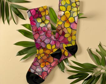 Calcetines con estampado floral rosa y amarillo de vidrieras, unisex, regalo para novia, esposa o madre, calcetines con estética cottagecore, calcetines boho de lujo.