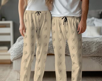 Süße Beagle Pyjama Hose, Passende Nachtwäsche für Frauen und Männer, All Over Print PJs, Geschenk für Beagle Mama, Papa, Beige Haustier Muster Lustig